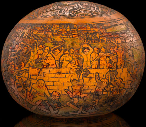 Mariano Flores Kananga (Quechua, ca. 18501949), carved gourd; ca. 1925; Ayacucho, Peru; Gourd, pigment; 17 x 18 cm