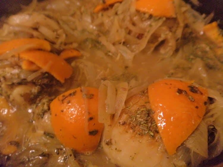  French herb chicken braised in onion and clementine.
