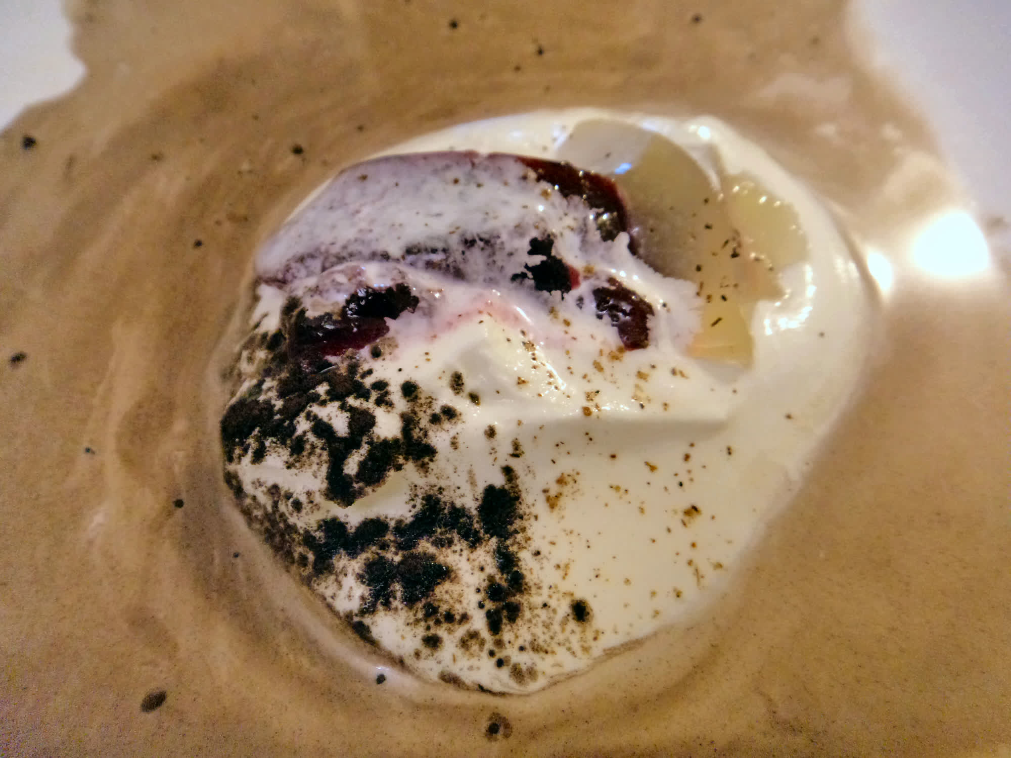  Wild grape jelly and lime jelly in whipped cream dusted with dark cocoa.