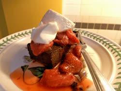 aug -  Delicata brownie with strawberries and creme fraiche.
