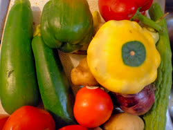 aug -  Zucchinis and Pattypan squash with veggies