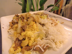 dec -  Chinese scrambled egg, beef strips, napa cabbage, with white basmati rice.