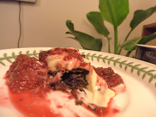 Squash Brownie with Custard and Raspberry