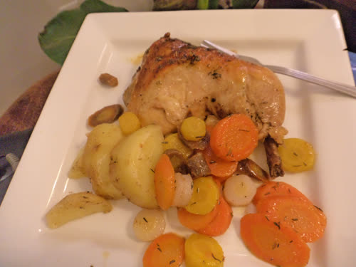  Roast chicken, heirloom carrots, potatoes.
